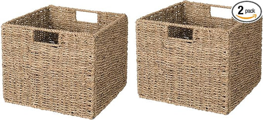 12x12x10in Seagrass Storage Baskets Set of 2, Large Wicker Storage Basket, Decorative Seagrass Shelf Basket, Pantry Baskets Organization,Folding Storage Cube Bins-HomvellaHome