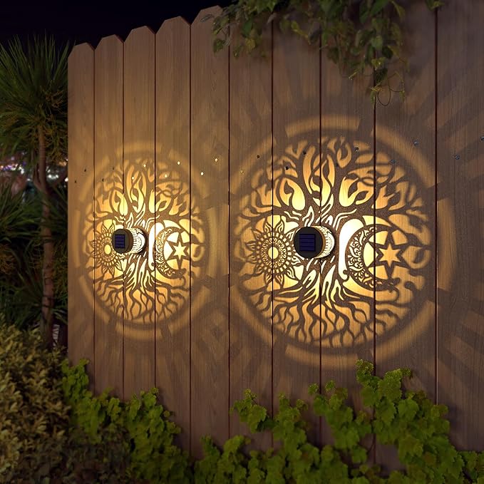 2 Pack Solar Fence Lights Metal Solar Powered Outdoor Wall Deck Step Lights Tree Theme Waterproof Fence Light for Garden Post Patio Backyard Yard Decor (Tree, 2 Pack)-HomvellaHome