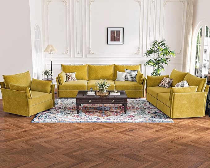 134.6" Modular Sectional Sofa, Oversized 4 Seater Couch with Removable Yellow Chenille Fabric Cover, Deep Seat & High Backrest for Living Room, Office & Apartment-HomvellaHome