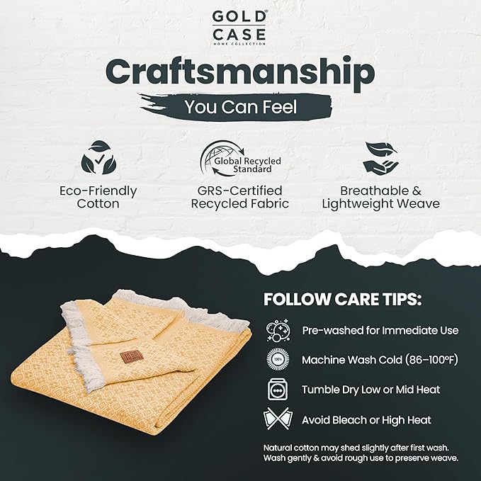 Gold Case Throw Blanket for Couch – 100% Recycled Turkish Cotton Blankets & Throws – Elegant Decorative Throw Blankets for Living Room Sofa – Woven Throws for Couch – Retro Mustard – 50x60-HomvellaHome