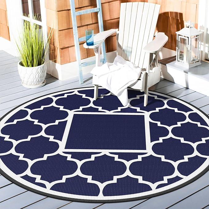 GENIMO 8' Round Outdoor Rug Waterproof for Patio Decor, Foldable Reversible Plastic Straw Area Rugs Mat for Rv, Outside Carpet for Camper, Deck, Picnic, Beach, Balcony, Camper, Blue & White-HomvellaHome
