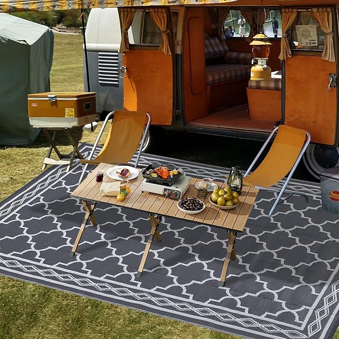 GAOMON Outdoor Plastic Straw Rug, 10'x14' Reversible Sage Green Patio Mat, Flower Modern Design for RV, Backyard, Deck, Camping, Picnic, Grey/White(Geometric)-HomvellaHome