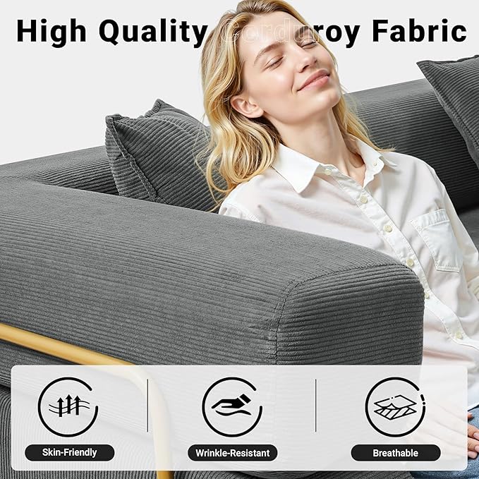 108" Oversized Convertible Sleeper Sofa Bed, Corduroy L Shape Sectional Couch, Folding Sofa Bed with Side Pocket, Modern Cloud Floor Mattress Couch, Modular Sofa for Living Room, Grey-HomvellaHome