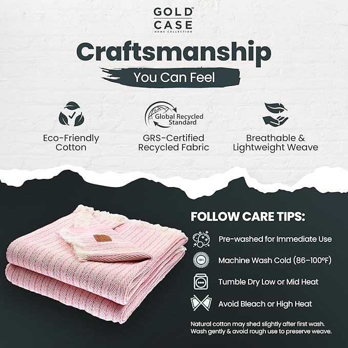 Gold Case Throw Blanket for Couch – 100% Recycled Turkish Cotton Blankets & Throws – Elegant Decorative Throw Blankets for Living Room Sofa – Woven Throws for Couch – Vintage Pink – 50x60 (Set of 2)-HomvellaHome