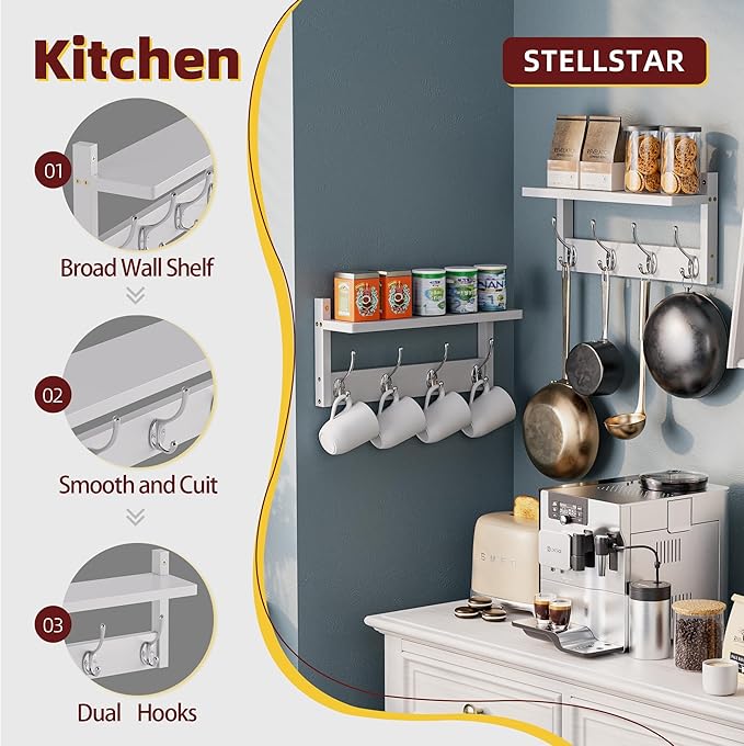 2 Pack Coat Rack Wall Mount, Bamboo Coat Hook with Storage Shelf, Coat Hanger with 8 Dual Hooks, Wall Floating Shelf for Entryway Hallway Kitchen, Bathroom, Bedroom (White+Slive)-HomvellaHome