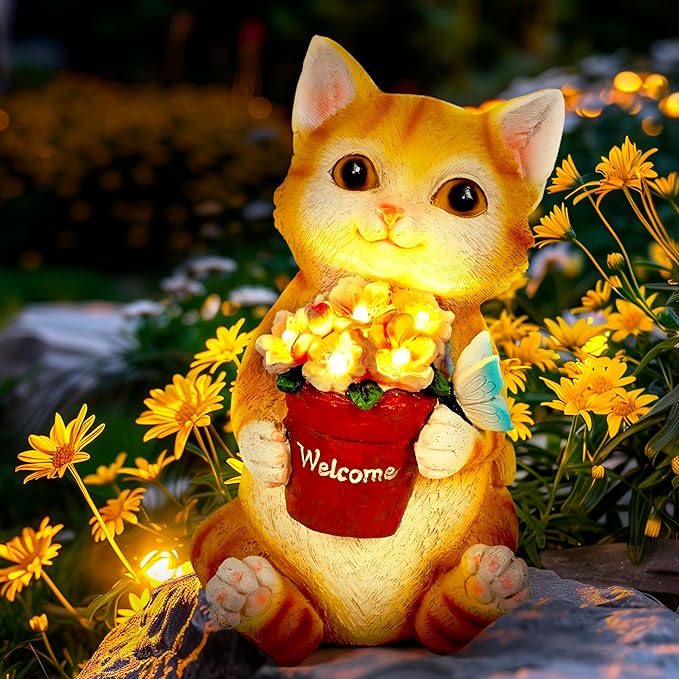 GIGALUMI Solar Garden Decor Flower Pot Cat Statues Outdoor, Birthday Gifts for Women Mom Grandma Senior Elder, Cat Ornament for Balcony, Garden, Patio, Yard, Lawn-HomvellaHome