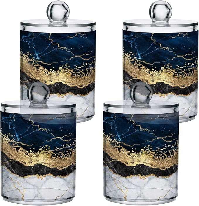 2 Pack Qtip Holder Dispenser Navy Blue Marble Bathroom Storage Canister Lid Acrylic Plastic Apothecary Jar Set Vanity Makeup Organizer for Cotton Swabs/Pads/Floss-HomvellaHome
