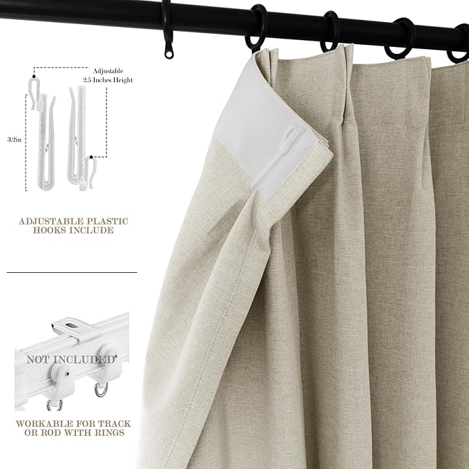 100% Blackout Linen Textured Drapes for Bedroom Pinch Pleated Curtains for Track System Portable Drapery for Sliding Glass Door/Storage/Space Room Divider, 70" Wx96 L, 1 PC, Ivory White-HomvellaHome