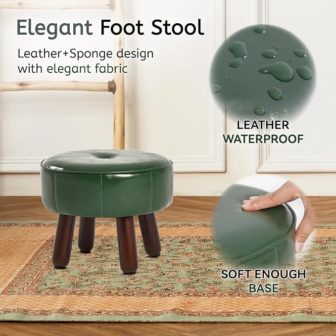13in Small Foot Stool Ottoman, Round Faux Leather Foot Rest for Couch, Under Desk Pouf Footstool Footrest with Non-Skid Rubber Legs for Ling Room, Bedroom, 13''L x 13''W x 10.2''H, Green-HomvellaHome