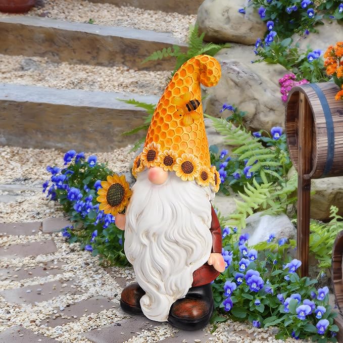 Garden Gnomes Outdoor - Sunflower Gnome Statue with Solar LED Lights for Yard, Patio, Lawn Ornaments - Best Garden Gifts for Mothers Day, Housewarming, Festival-HomvellaHome