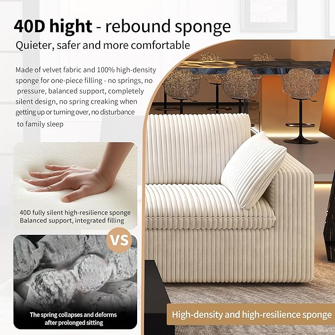 118" V Shaped Corner Modern Sofa Modular Sectional Cloud Couch,Deep Seat Upholstered Couches with Plush Corduroy Fabric for Living Room Furniture,Bedroom and Apartment,No Assembly Required,White-HomvellaHome