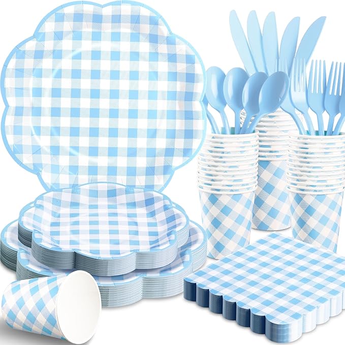 175 Pcs Blue Gingham Plates and Napkins Party Supplies - Blue and White Checkered Plates Sets Serve 25 Guests - Scalloped Gingham Paper Plate for Birthday Dinner Wedding Baby Shower Party Decorations-HomvellaHome