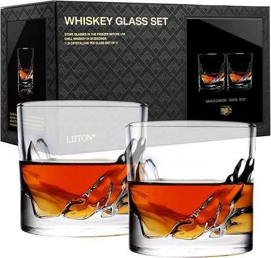 Grand Canyon Heavy Crystal Whiskey Glasses Gift Set of 2, Thick Freezable Bourbon Glass 1lb Each, Premium Whiskey Gifts for Men, Frozen Crystal Chills Cocktails, 10 oz-HomvellaHome