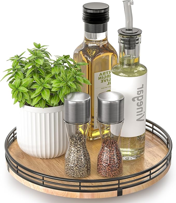 10" Lazy Susan Oak Wood Turntable Organizer for Cabinet, Round Wooden Farmhouse Lazy Susan Organization and Storage for Dining Table, Pantry, Kitchen, Countertop, Cupboard,Home Decor-HomvellaHome