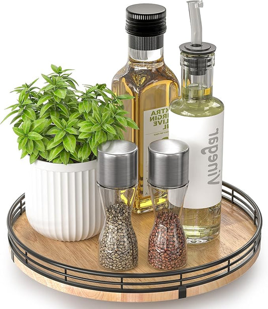 10" Lazy Susan Oak Wood Turntable Organizer for Cabinet, Round Wooden Farmhouse Lazy Susan Organization and Storage for Dining Table, Pantry, Kitchen, Countertop, Cupboard,Home Decor-HomvellaHome