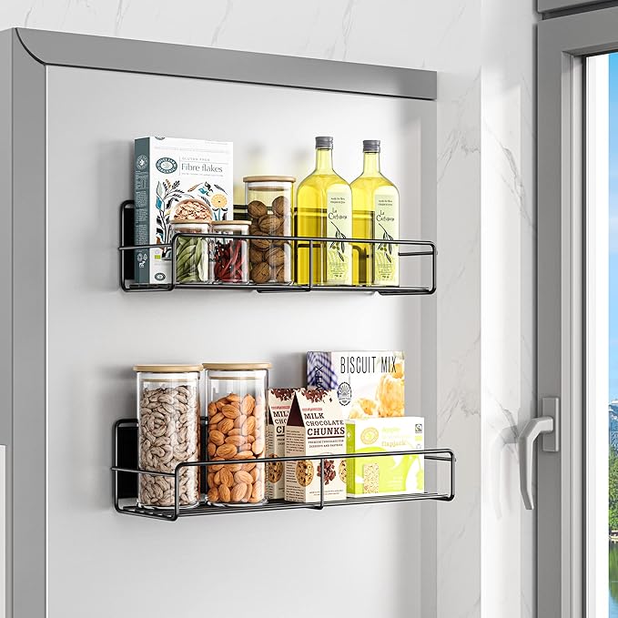 2 Pack Magnetic Spice Rack Organizer, Space Saver for Refrigerator and Microwave Oven, Magnetical Fridge Shelf for Jars, Seaoning, tins and Utensils Black-HomvellaHome