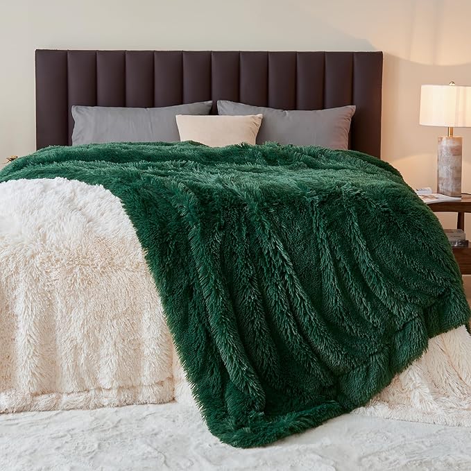 GONAAP Fuzzy Faux Fur Throw Blanket Twin Size Dark Green Super Soft Cozy Plush Fuzzy Shaggy Blanket for Couch Sofa Bed (Dark Green, Twin(60"x80"))-HomvellaHome