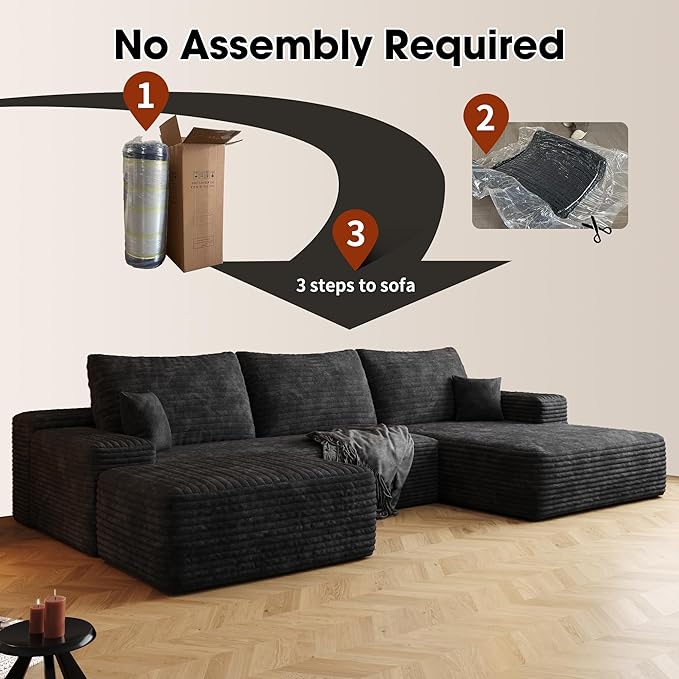 108" Sectional Couches for Living Room Modern Modular Sofa with L-Shape Couchs Upholstered Boneless Couch Deep Seat Sectional Couch with Chaise (Black, Right Facing Chaise+2Seaters+1Ottoman)-HomvellaHome