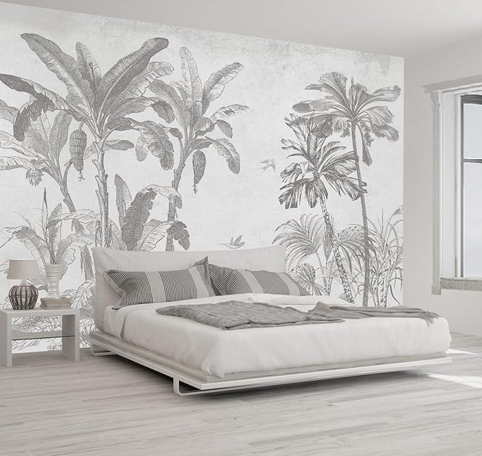 Gray Jungle Landscape Wallpaper Mural Tropical Banana Leaf Wall Mural (Not Peel and Stick)-HomvellaHome