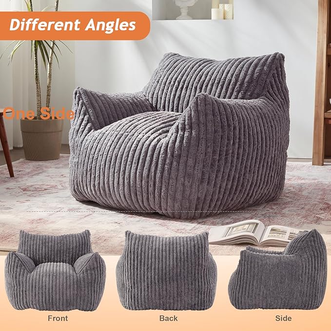 Giant Bean Bag Chairs for Adults with Filling Plush Fluffy Bean Bag Chairs for Teens with Armrests Comfy BeanBag Lazy Couch Sofa Chair for Bedroom Living Room Reading (Dark Gray2, M-for Teens/Adults)-HomvellaHome