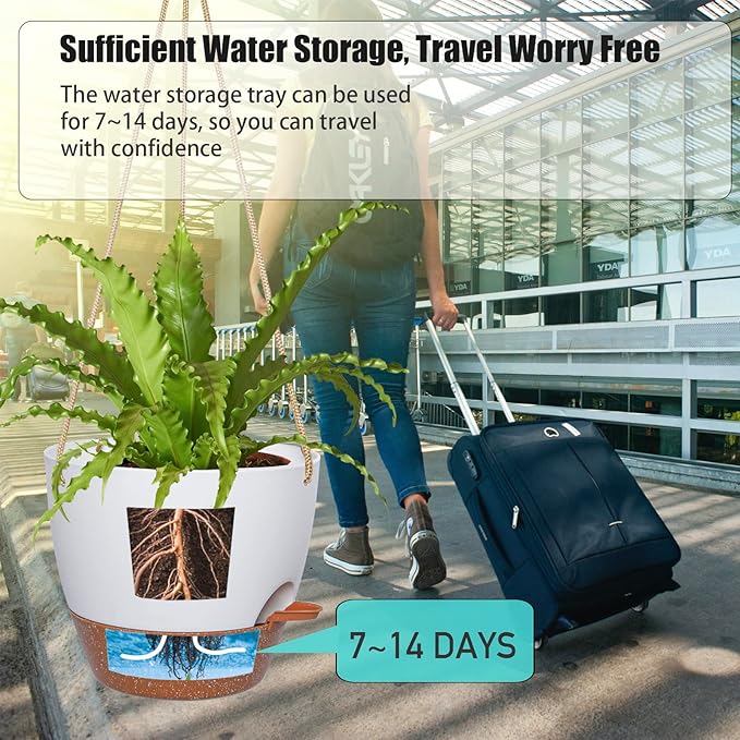 10 Inch Self Watering Hanging Pots, 2 Pack Hanging Planters with 40oZ Deep Reservior for Indoor Outdoor Plants Flowers, White with Brown-HomvellaHome