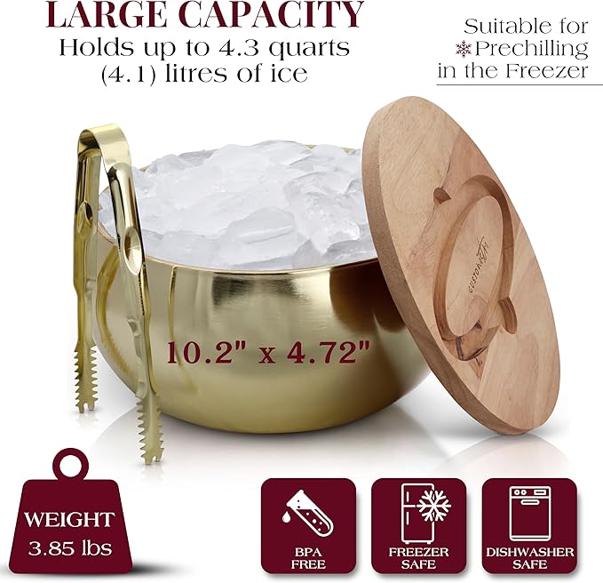 Gusto Nostro 4.1L Insulated Ice Bucket with Lid and Tongs, Double Wall Stainless Steel Ice Bucket Large, BPA Free Ice Bucket for Cocktail Bar, Keeps Champagne, Wine, Beer Chill for Parties (Gold)-HomvellaHome