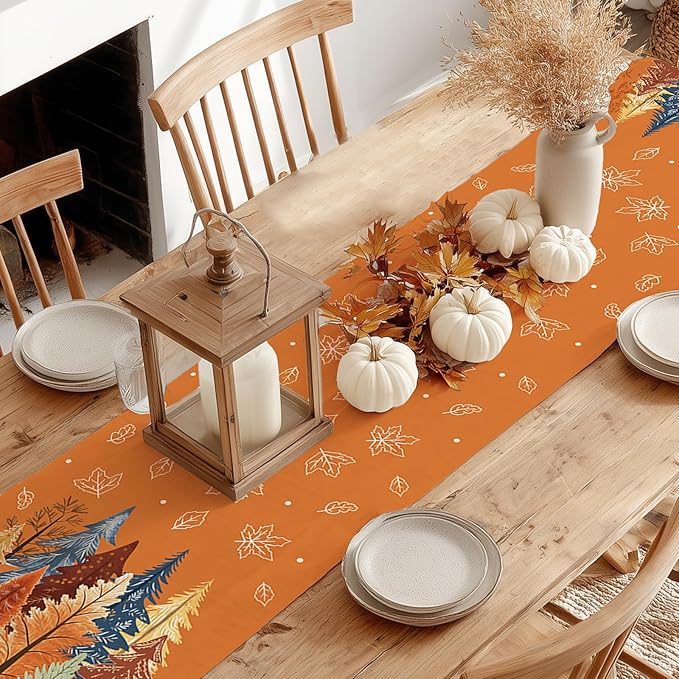 GEEORY Fall Watercolor Trees & Maple Leaves Table Runner 13x108 Inch, Rustic Farmhouse Autumn Thanksgiving Decor for Kitchen, Dining, Indoor/Outdoor Holiday Dinner Party Orange GT158-108-HomvellaHome