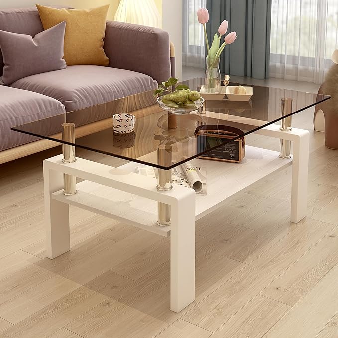 Glass Coffee Table Rectangle Living Room Center Table, with Brown Tempered Glass Tabletop and White MDF Layer,for Living Room and Office, Brown+White-HomvellaHome