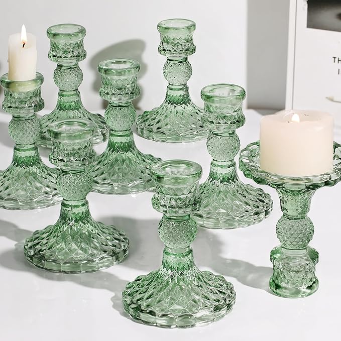 12Pcs Green Candlestick Holders Set- 4" H Taper Candle Holders Bulk, Glass Candle Holders for Wedding, Party, Romantic Dinner Table Centerpieces, Festival Gifts & Windowsill Decor-HomvellaHome