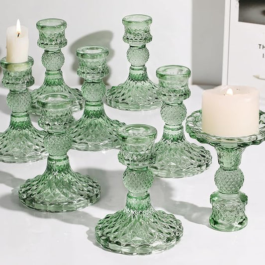 12Pcs Green Candlestick Holders Set- 4" H Taper Candle Holders Bulk, Glass Candle Holders for Wedding, Party, Romantic Dinner Table Centerpieces, Festival Gifts & Windowsill Decor-HomvellaHome