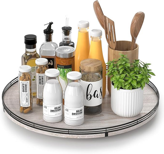 18" Lazy Susan Wood Turntable Organizer for Kitchen Decor, Farmhouse Round Wooden Lazy Susan Organization and Storage for Cabinet, Dining Table, Pantry, Bathroom, Countertop, Centerpiece, Home Decor-HomvellaHome