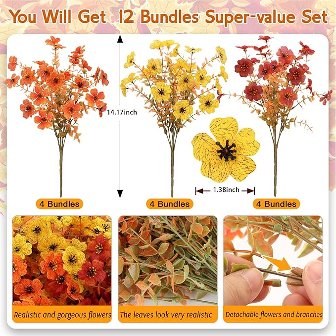 12 Bundles Artificial Fall Flowers Faux Mums for Outdoor Indoor, Artificial Plants Daisy Faux Plants Fake Mums for Fall Decor Pots Patio Garden Porch Autumn (Orange，Brown，Yellow) (12)-HomvellaHome