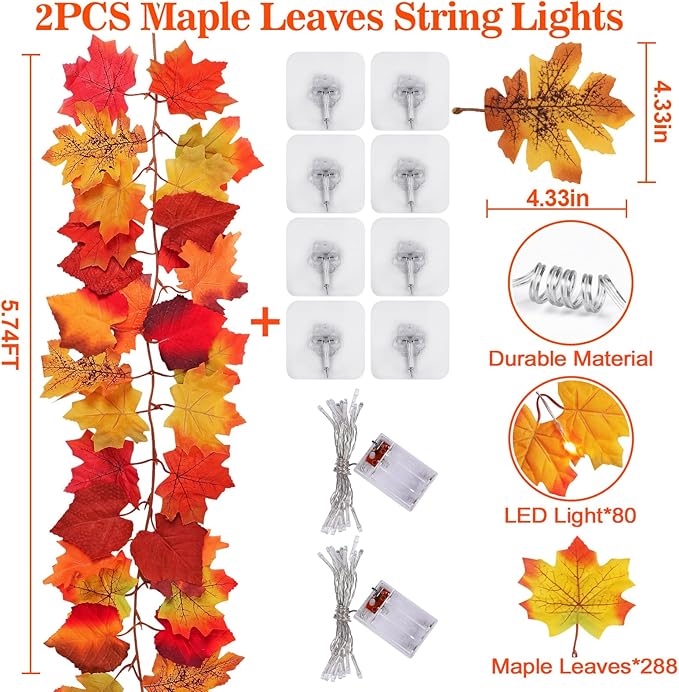 2 Pack Fall Decor Maple Leaves Garland with Lights Battery Operated Fall Thanksgiving Decorations Garland for Home Porch Front Door Table Mantle Outdoor Autumn Harvest Halloween Decor, 11.8Ft 40LED-HomvellaHome