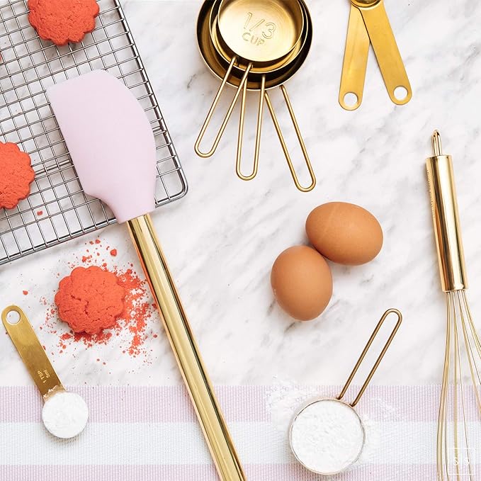 Gold and Pink Kitchen Utensil Set with Holder - 7-Piece Cooking Tools with Gold Whisk, Ladle, Tongs, Turner, Spatula, and Spoon - Stylish Pink Kitchen Accessories for Modern Cooking & Serving-HomvellaHome