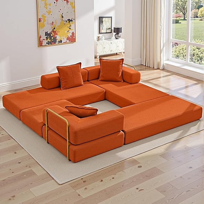 108" Oversized Convertible Sleeper Sofa Bed, Corduroy L Shape Sectional Couch, Folding Sofa Bed with Side Pocket, Modern Cloud Floor Mattress Couch, Modular Sofa for Living Room, Orange-HomvellaHome