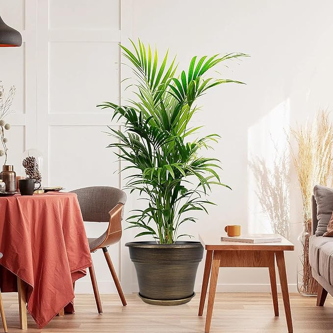 16 inch Plant Pots Outdoor Planters，4 Pack Large Plastic Flower Pot for Indoor Plants with Drainage Holes & Saucer, Resin Decorative Container Sets with Trays for House Outdoor Garden Plant Dark Gold-HomvellaHome