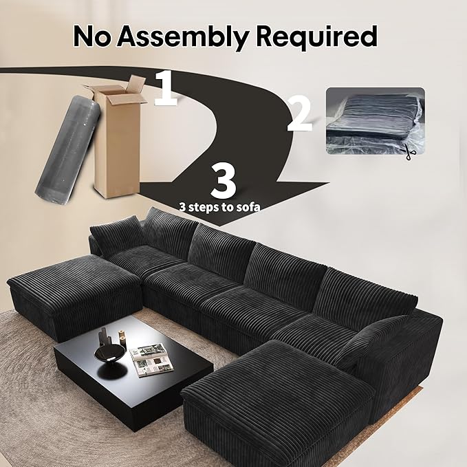 157.5" U Shaped Modern Sofa Modular Sectional Cloud Couch with 2 Ottoman,Deep Seat Upholstered Couches with Corduroy Fabric for Living Room Furniture,Bedroom and Apartment,No Assembly Required,Black-HomvellaHome