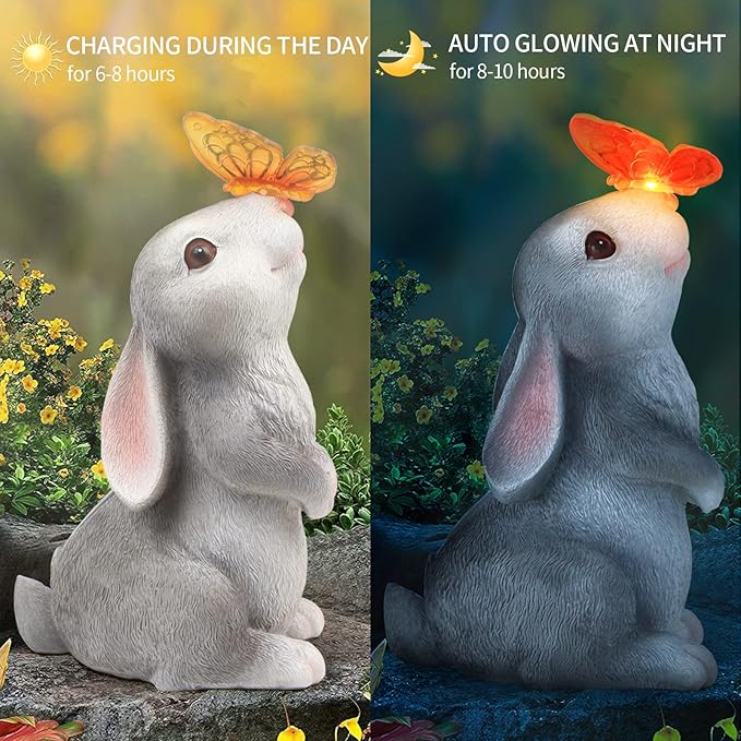 Garden Statue Outdoor Decor-Rabbit with Solar Butterfly Changing Lights Garden Statues,Bunny Statue for Patio,Balcony,Yard,Lawn Ornament,Gardening Gifts for Mom Grandma-HomvellaHome