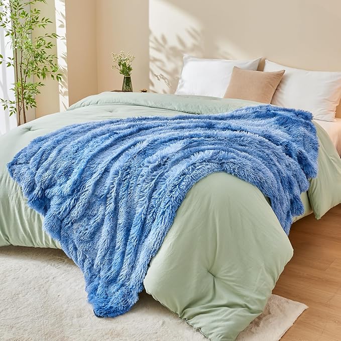 GONAAP Fuzzy Faux Fur Throw Blanket Twin Size Indigo Super Soft Cozy Plush Fuzzy Shaggy Blanket for Couch Sofa Bed (Indigo, Twin(60"x80"))-HomvellaHome