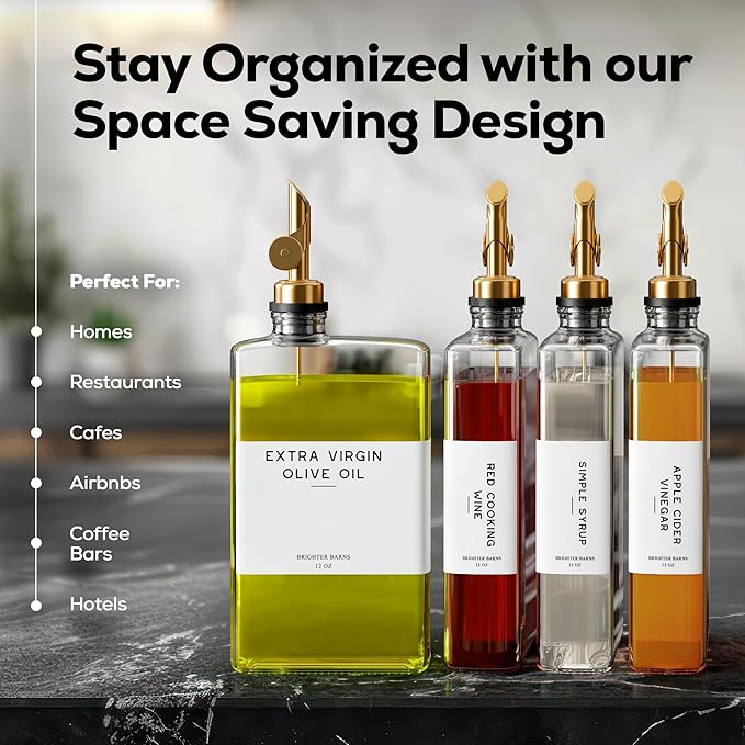 Glass Olive Oil Dispenser Bottle for Kitchen by Brighter Barns - Coffee Syrup Dispenser, Oil and Vinegar Bottle - Modern Kitchen Essentials for Home, Restaurant, Coffee Bar, Airbnb (Clear, Set of 2)-HomvellaHome