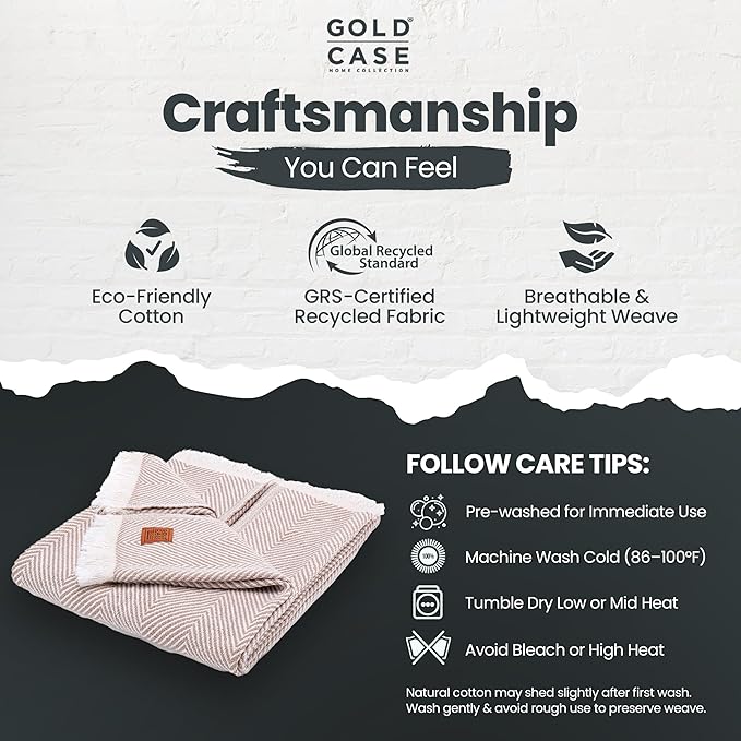 Gold Case Throw Blanket for Couch – 100% Recycled Turkish Cotton Blankets & Throws – Elegant Decorative Throw Blankets for Living Room Sofa – Woven Throws for Couch – Elegant Beige – 50x60-HomvellaHome