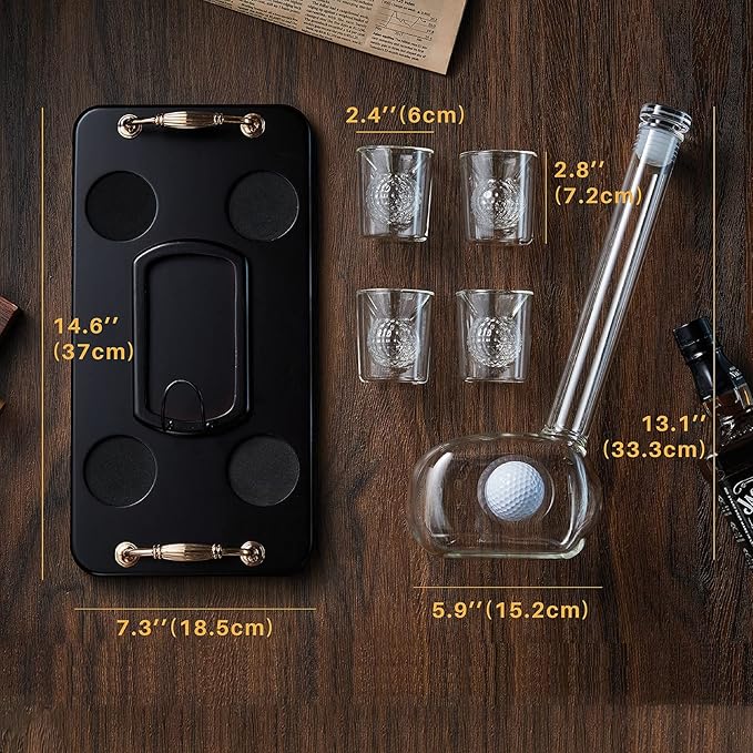 Golf Whiskey Decanter Set with 4 Golf Ball Shot Glasses, Unique Golf Gifts for Men Women, 750ml Golf Themed Liquor Dispenser, Golf Club Drink Dispenser for Bourbon, Scotch, Vodka, Tequila-HomvellaHome