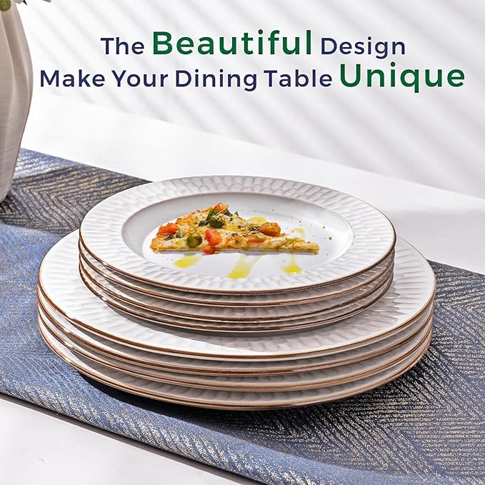 GBHOME Ceramic Dinnerware Sets,12 pcs Embossed Elegant Stoneware Plates and Bowls Sets, Housewarming Wedding Gift | Dishwasher & Microwave Safe | Dishes Set Service for 4-HomvellaHome