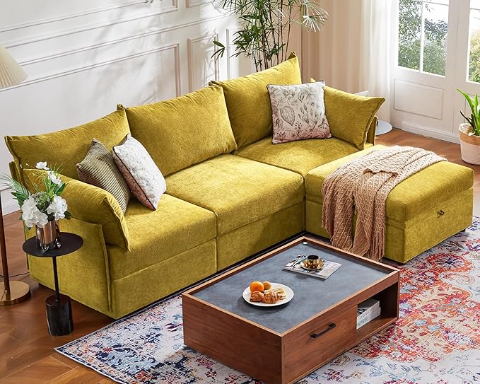 102.6" Modular Sectional Sofa, L Shaped Couch Set for Living Room, 3-Seater Comfy Cloud Couches with Movable Storage Ottoman,DIY Combination - Chenille Yellow-HomvellaHome
