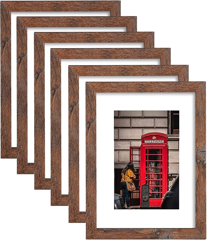 11x14 Picture Frame Set of 6, Display Pictures 8x10 with Mat or 11x14 Without Mat for Wall Mounting,Rustic Brown-HomvellaHome