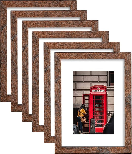 11x14 Picture Frame Set of 6, Display Pictures 8x10 with Mat or 11x14 Without Mat for Wall Mounting,Rustic Brown-HomvellaHome