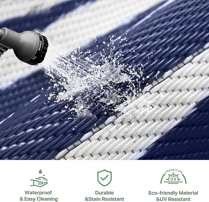 GENIMO Outdoor Rug Waterproof for Patio Decor, 5'x8' Reversible Plastic Straw Rug Carpet, Camping Mats for Outdoor, RV, Backyard, Deck, Balcony, Picnic, Blue & White-HomvellaHome