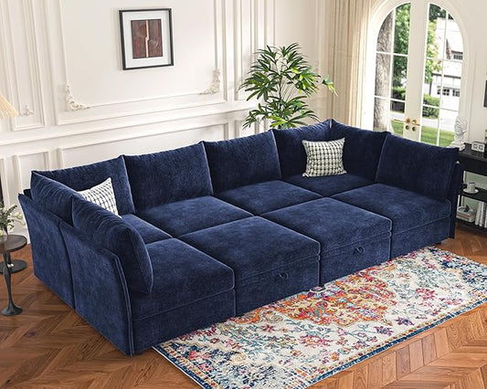 136.4" Oversized Modular Sectional Sleeper Sofa Bed, U Shaped Convertible Couch with Movable Ottoman, Large 8 Seat Corner Couches for Living Room Deep Seat Blue Chenille-HomvellaHome