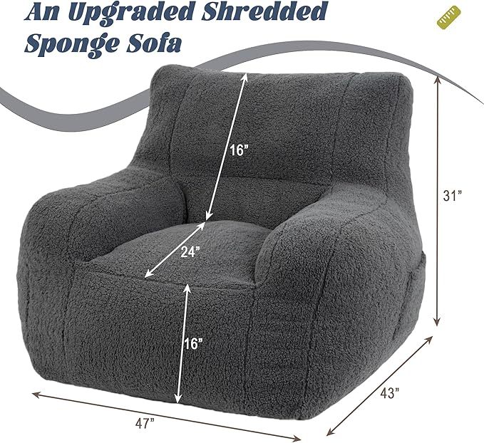Giant Bean Bag Chair, Lambswool Bean Bag Chair for Adults, Soft Bean Bag High-Density Foam Filled, Grey Comfortable Been Bag for Bedroom, Playroom.-HomvellaHome
