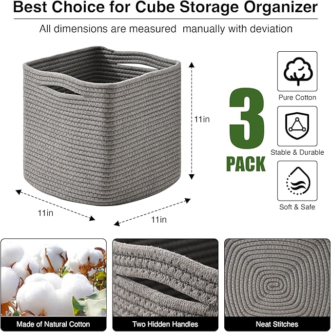 11 Inch Cube Storage Bins, Storage Cube Organizer Bins, Woven Cotton Rope Basket for Storage, Storage Baskets for Organizing Shelves, Grey Baskets for Toys Nursery, Grey (Pack of 3)-HomvellaHome
